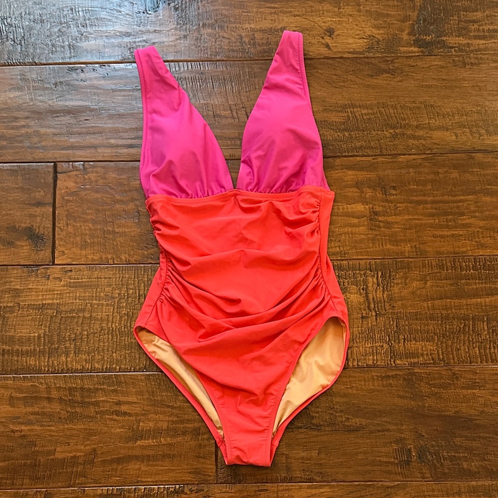 J. Crew V-neck Ruched and Pink and Orange One Piece Swimsuit